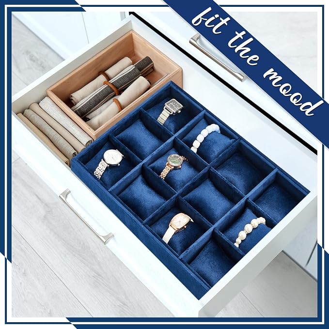 Henoyso 2 Pieces 12 Grid Velvet Watch Tray Jewelry Organizer Stackable Watch - Image 6