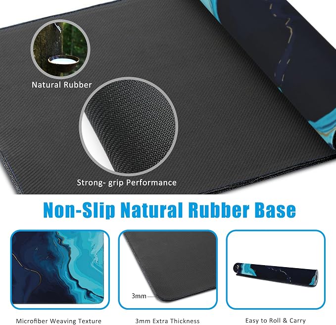 Blue Marble Desk Mat, Large Gaming Mouse Pad, Non-Slip Rubber Base Desk Pad - Image 5