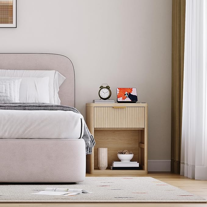 Fluted Nightstand with Charging Station, Bedside Table with Drawers and Open - Image 8