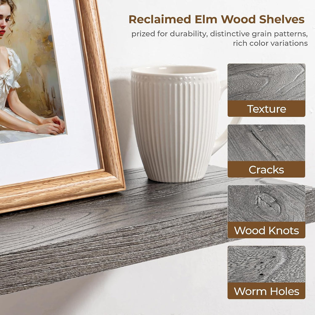 Floating Shelves for Wall, 24in Reclaimed Elm Wood Shelves, Grey, 2PCs