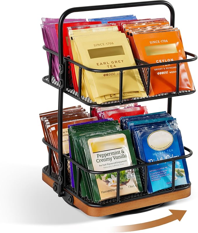 Rotation 2 Tier Tea Bag Organizer, Iron Art Tea Organizers, Acacia Wood Stand by TeaBunch