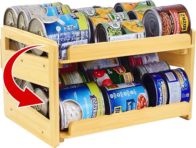 MinBoo Adjustable Can Organizer Rack, Two Tier Bamboo Stackable FIFO Cans by MinBoo