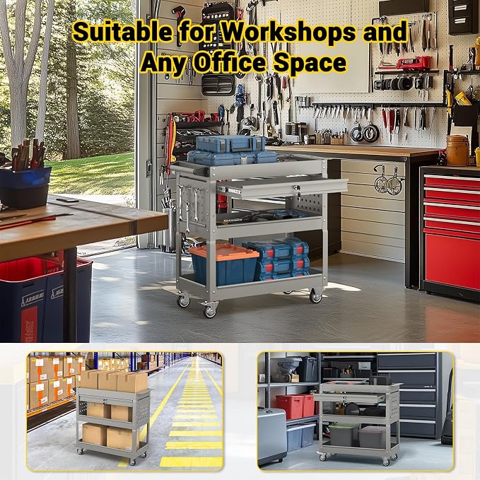 3 Tier Rolling Tool Cart on Wheels, 550 LBS Tool Cart - Image 7