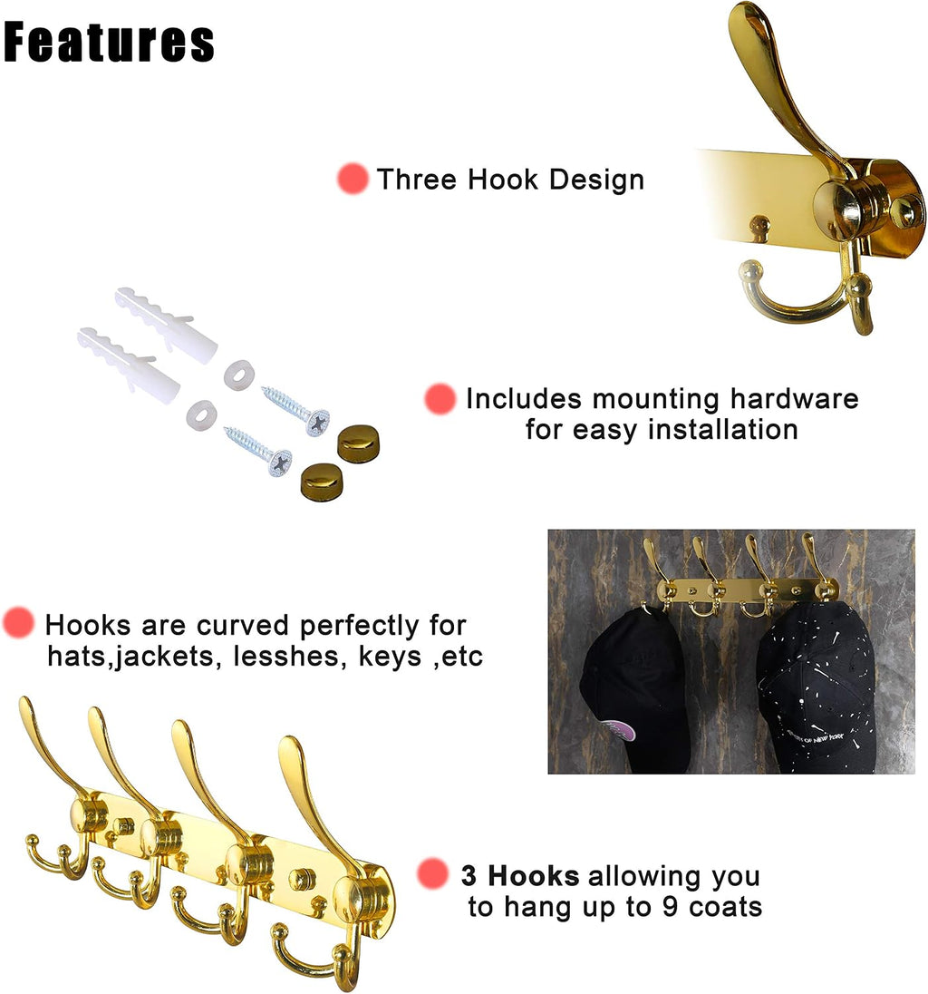 Coat Rack Wall Mounted - 5 Tri Hooks, Heavy Duty, Stainless Steel