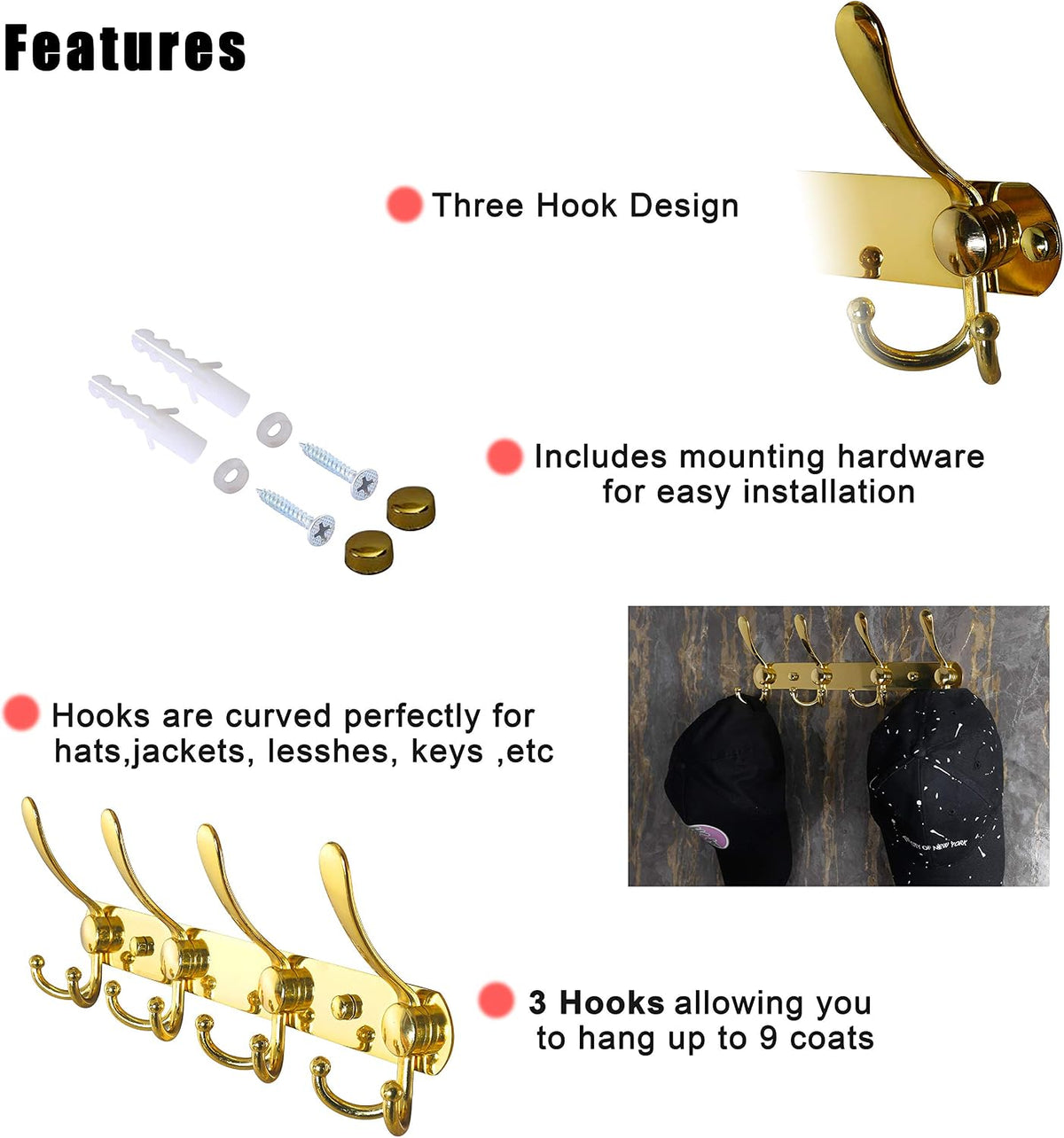 Coat Rack Wall Mounted - 5 Tri Hooks, Heavy Duty, Stainless Steel