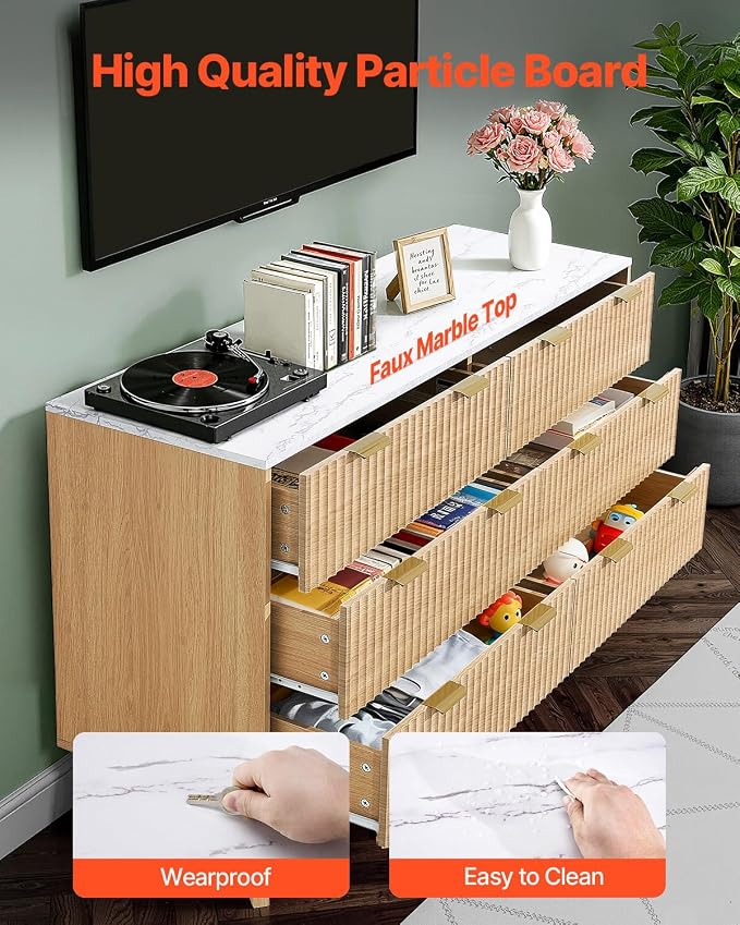 VEVOR Fluted 6 Drawer Dresser, Modern Dresser TV Stand, Wooden Closet Clothes - Image 6
