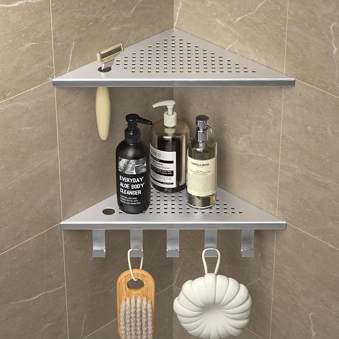 Grout in Shower Shelves with Hooks, 304 Stainless Steel Corner Bathroom Shelf by Bernkot