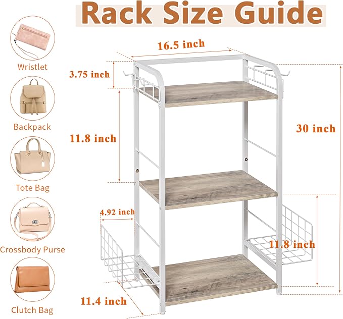 White Purse Organizer, 3-Tier Floor Standing Bag Rack Stand Featuring Side - Image 3