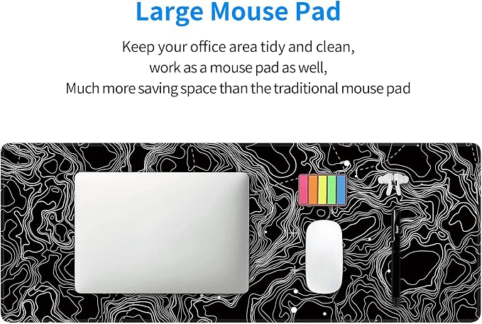 Black with White Topographic Line Large Mouse Pad, Gaming Keyboard Desk Pad - Image 8