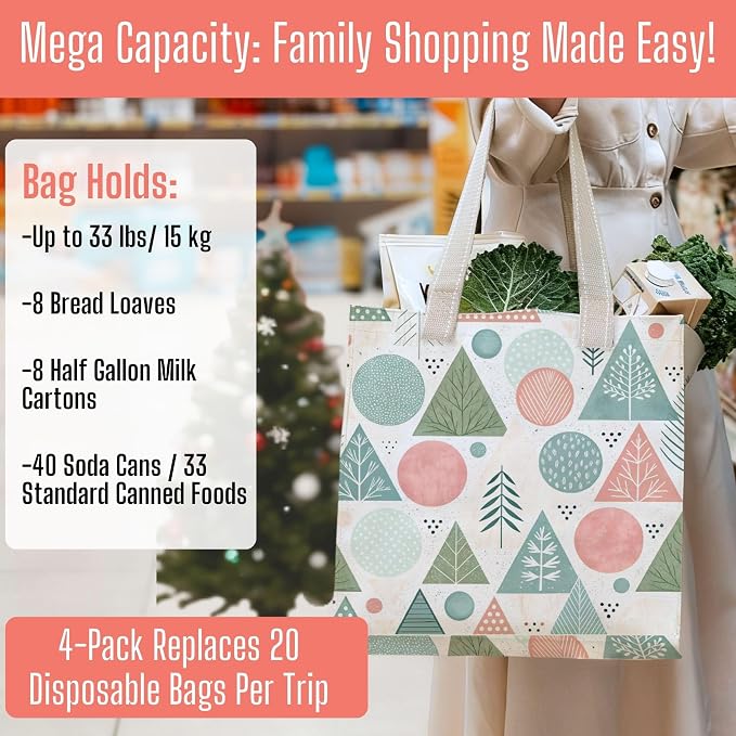 VENO 4 Pack Christmas Reusable Grocery Bags, Heavy-Duty Shopping Bags - Image 4