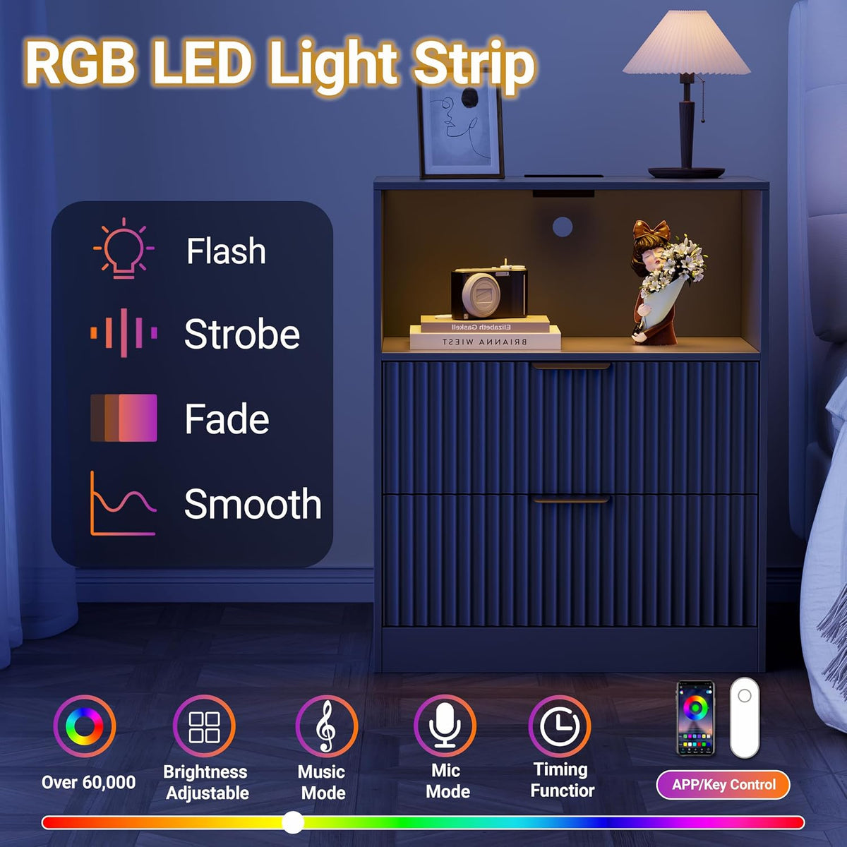 Fluted Nightstand with Charging Station & LED Lights, Fluted Wood