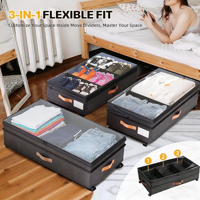 Under Bed Storage with Wheels, 2 Pack XXL Rolling Storage Containers - Image 5