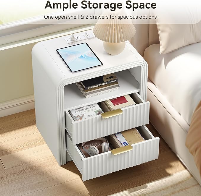Fluted Nightstand with Charging Station, 19.7'' Wide Morden End Table with - Image 4