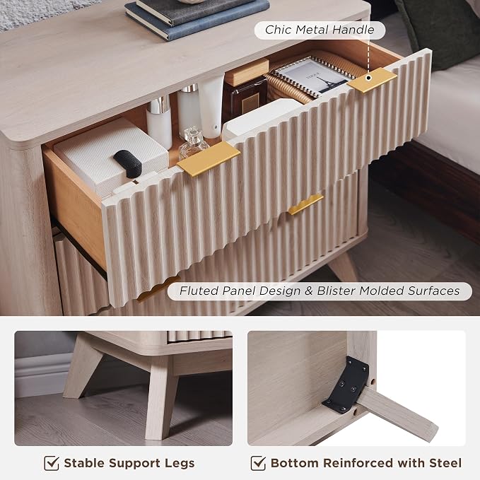 T4TREAM Fluted 3 Drawers Nightstand, Oversized Extra Large Modern Side Table - Image 6