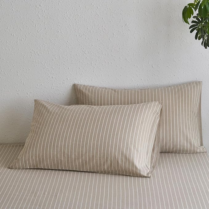 MooMee Bedding Pillowcases Striped Pack of 2 100% Washed Cotton Linen Like - Image 2