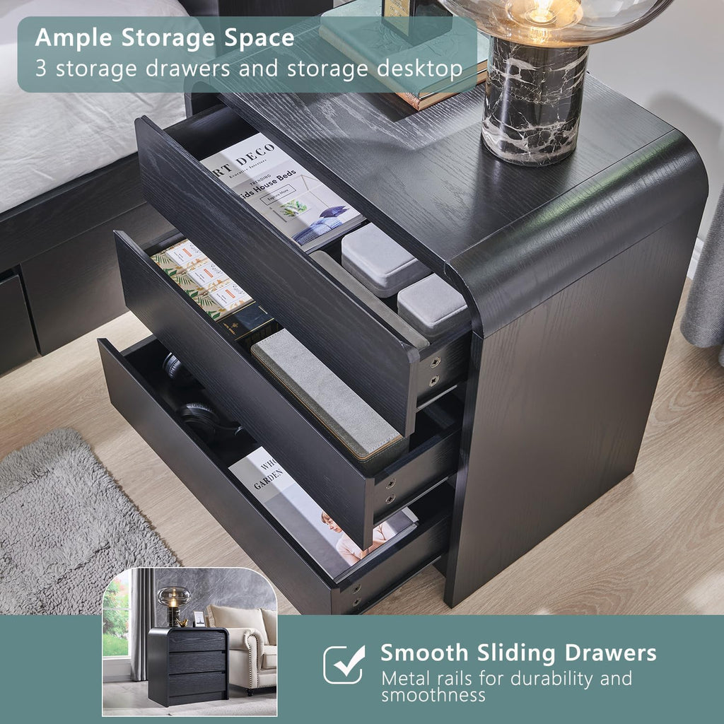 Aitjunz 25" Tall Modern Nightstand with Charging Station, 3 Drawers