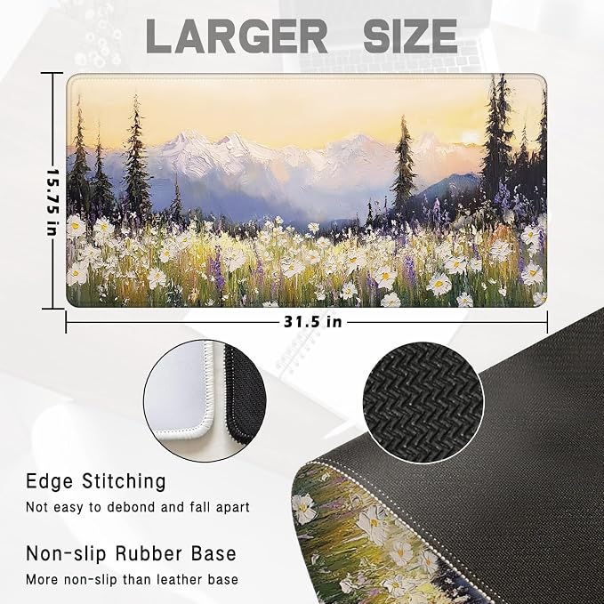 Vintage Watercolor Floral Large Mouse Pad 31.5x15.7inch, Retro Nature - Image 2
