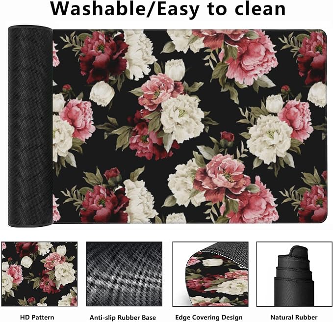 Desk Mat, Watercolor Peonies Floral Gaming Mouse Pad, XXL Extended Mouse Pad Mat - Image 2