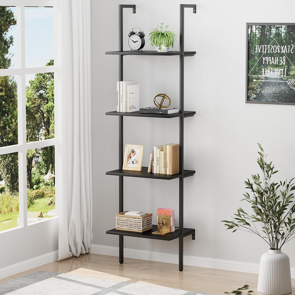Ladder Shelf 4 Tiers Metal Industrial Bookshelf,Black Wooden Tall Open