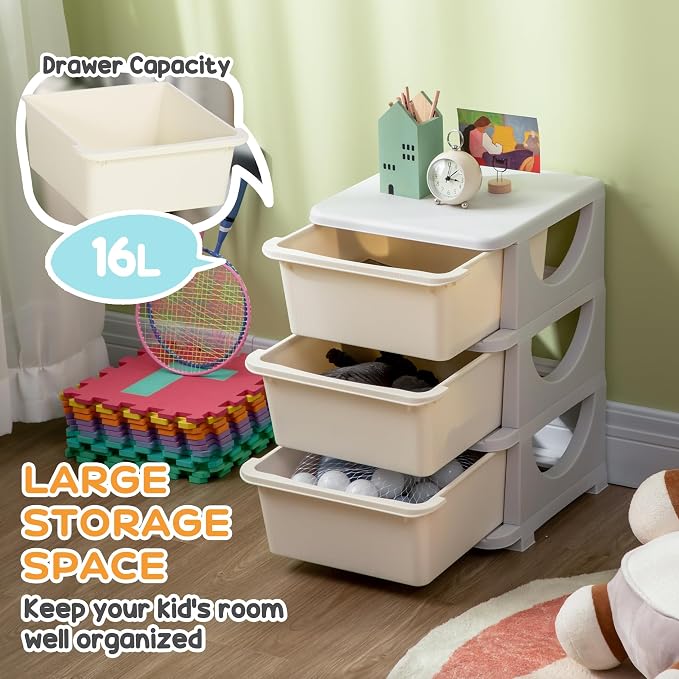 Qaba 3 Tier Kids Storage Unit, 3 Drawer Chest Toy Organizer Plastic Bins - Image 4