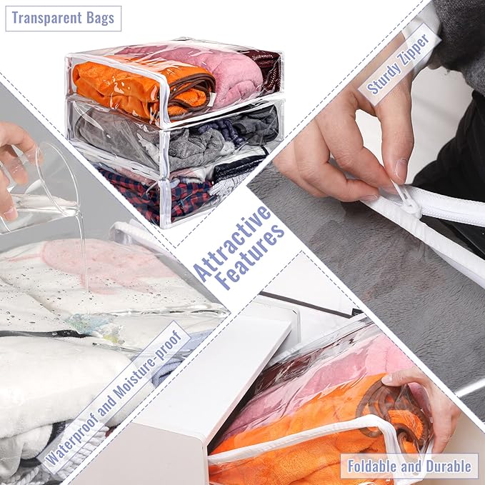 6 Packs Clear Zippered Storage Bags Sweater Moth Bags Plastic Storage - Image 3