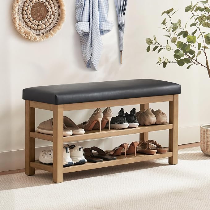 Shoe Rack Bench with Leather Cushion, 2 Tier Solid Wood Storage Bench, - Image 3