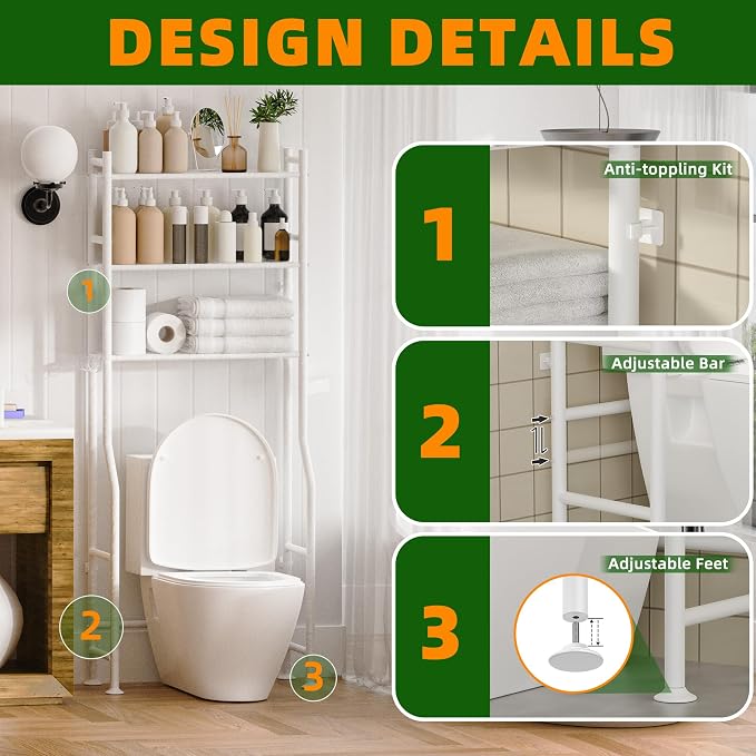 3-Tier Over The Toilet Storage, Space Saver Metal Bathroom Shelves, - Image 4