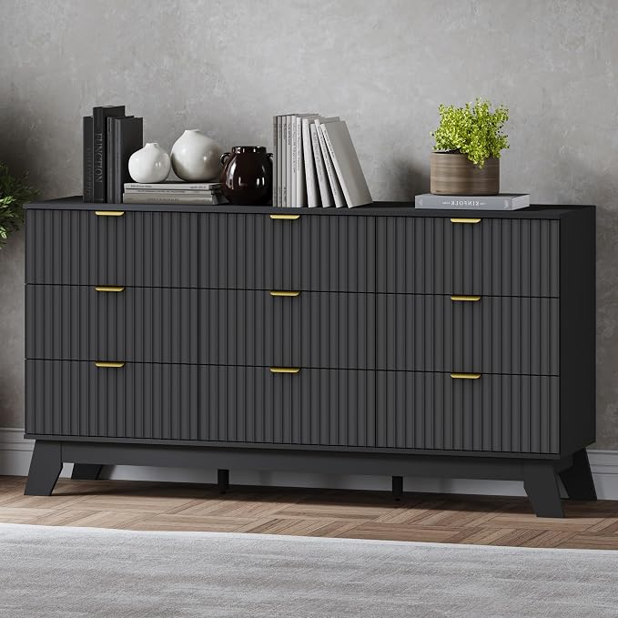 Fluted 9 Drawer Dresser, 57.1" Wide Modern Boho Chest of Drawers, Wooden by BORNOON