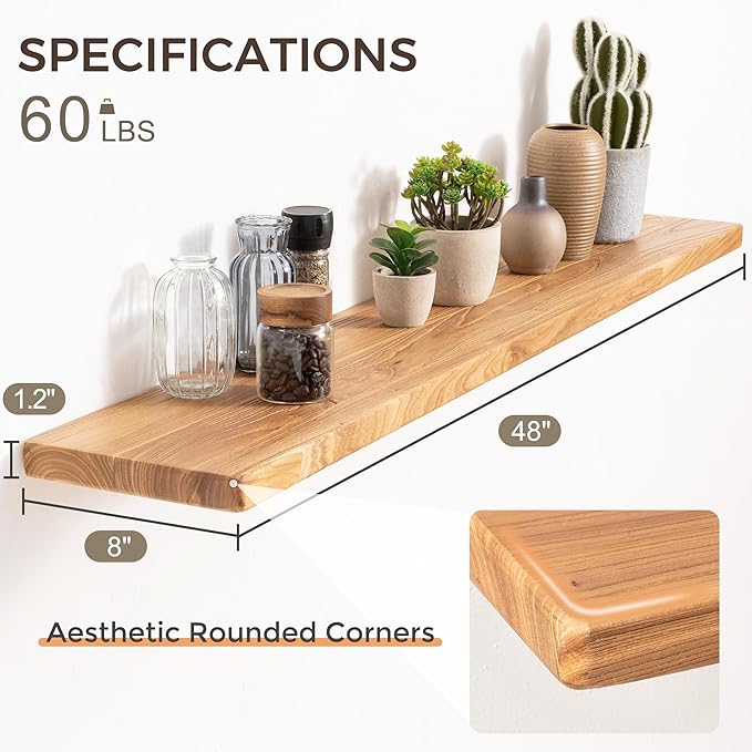 48" Rustic Elm Wood Floating Shelves, 8 Inch Deep Wall Shelves - Image 3