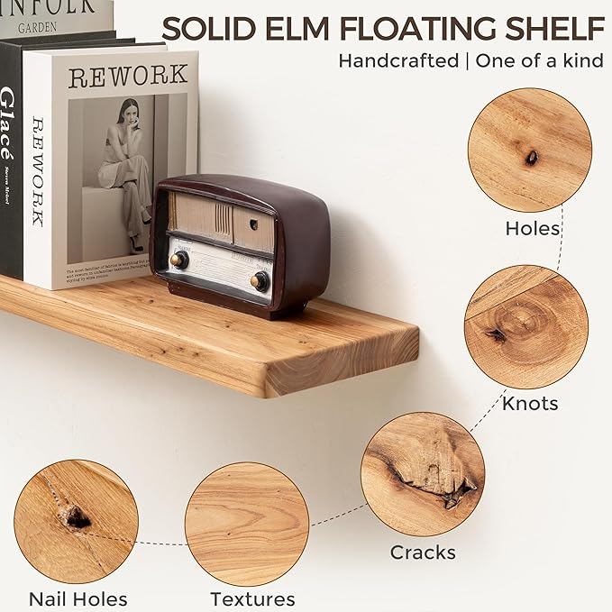 Fun Memories 24 Inch Floating Shelves, Solid Elm Wood Wall Shelf - Image 5