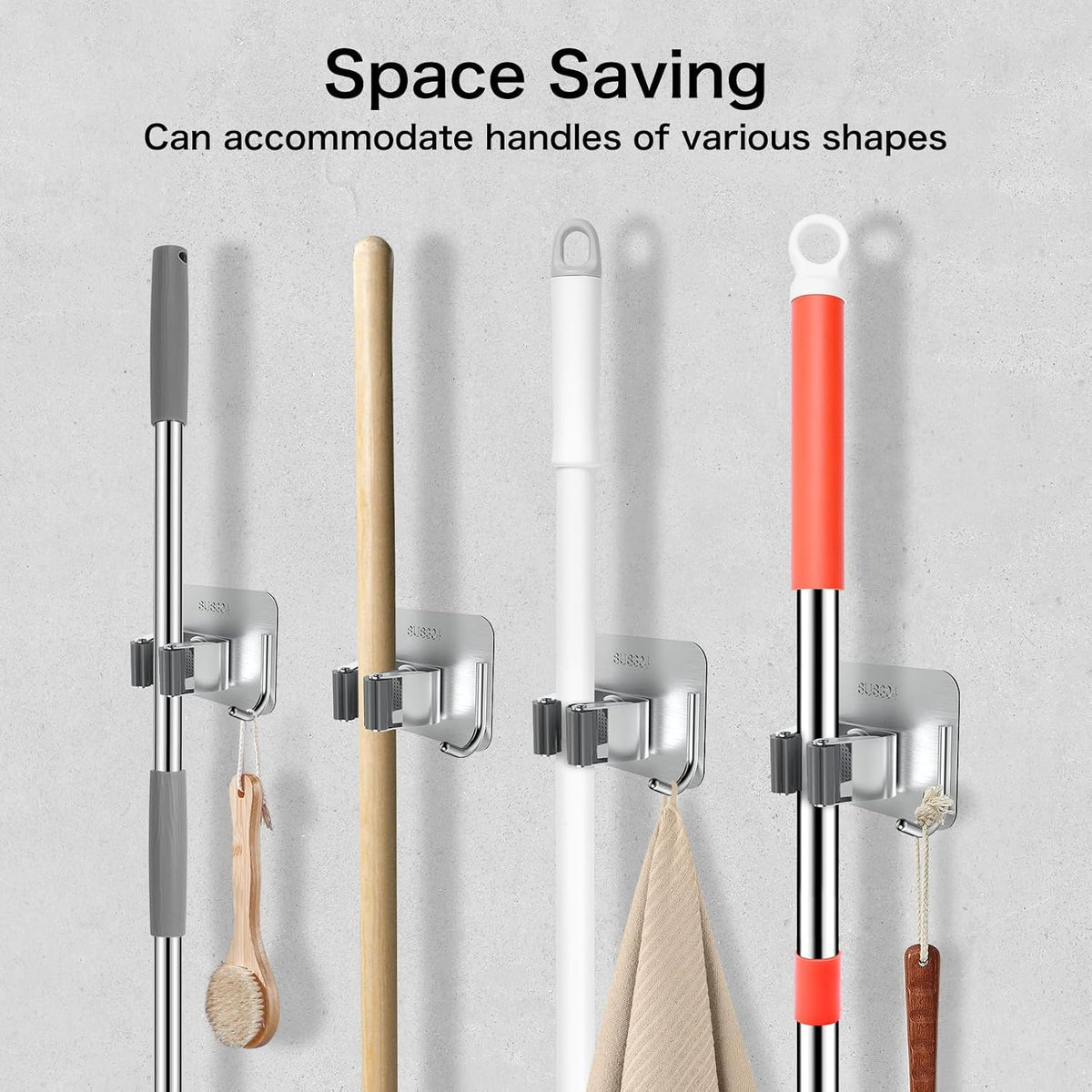 nacena 4 Pack No Drill Self Adhesive Broom Mop Holder Wall Mount with
