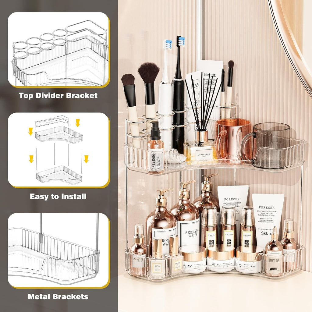 2-Tier Corner Bathroom Counter Organizer with Top Toothbrush