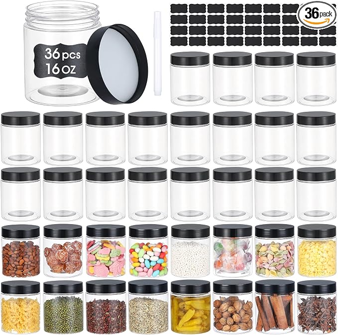 36PCS16OZ Plastic Jars with Screw On Lids, Labels Refillable Empty Round Slime by OUSHINAN
