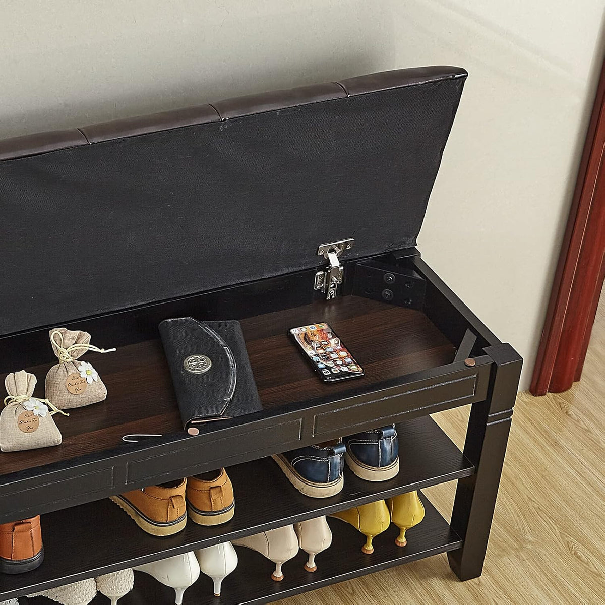 LEILISI Shoe Bench, Storage Rack Organizer with Cushion 2 Tier Lift
