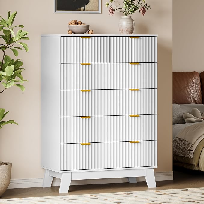 46" Tall Dresser for Bedroom, 6-Drawer Fluted Chest of Drawers, Modern Wood by BORNOON