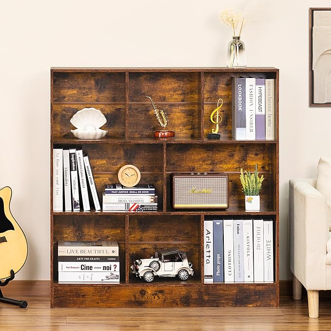 LEYAOYAO 8 Cube Bookshelf with Base, 3 Tier Mid-Century Modern Brown Bookcase - Image 5