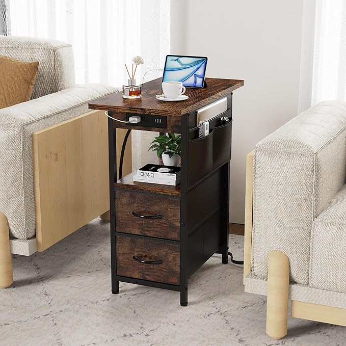 Small Side Table with Charging Station, Narrow Nightstand Bedside Tables with - Image 6