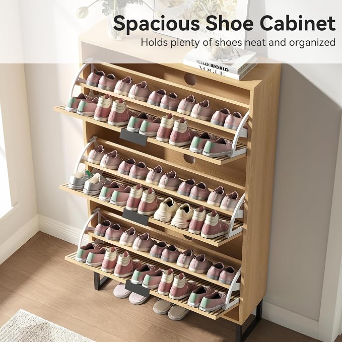 Shoe Cabinet with 3 Flip Drawers Set of 2, Narrow Wood Shoe Cabinet Storage - Image 6