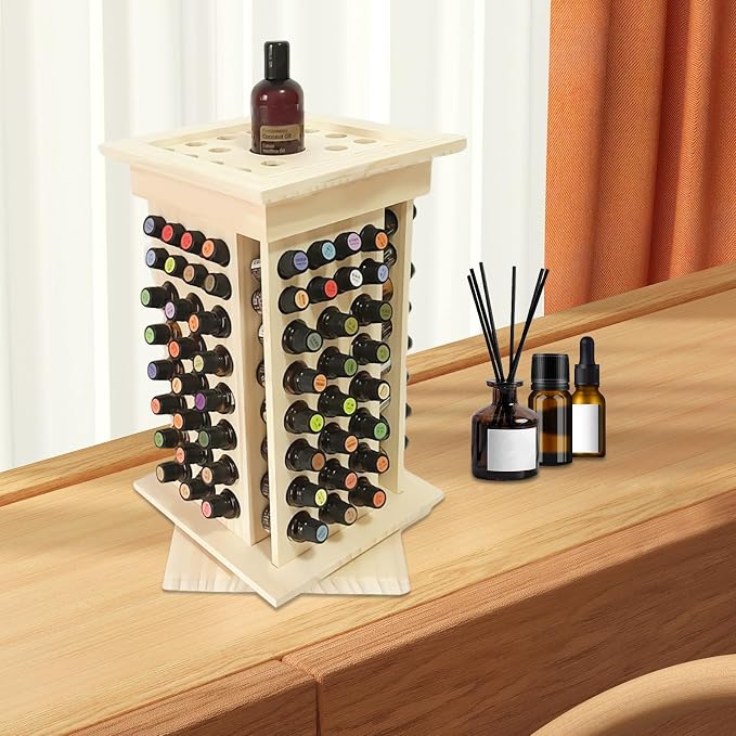 Rotating Essential Oil Rack, 104 Holes Cosmetic Display Cases, Wooden Essential - Image 2