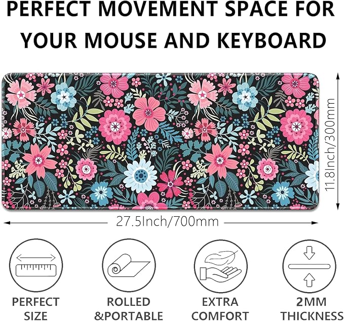Retro Flowers Mouse Pad, Large Vintage Floral Mousepad Desk Pad - Image 3
