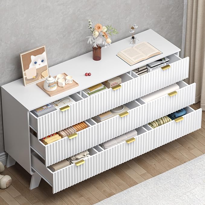 Fluted 9 Drawer Dresser, 57.1" Wide Modern Boho Chest of Drawers, Wooden - Image 4