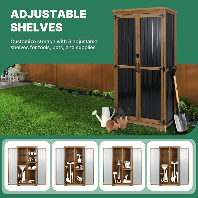 Outdoor Storage Cabinet, Wood & Metal Tall Tool Shed - Image 8