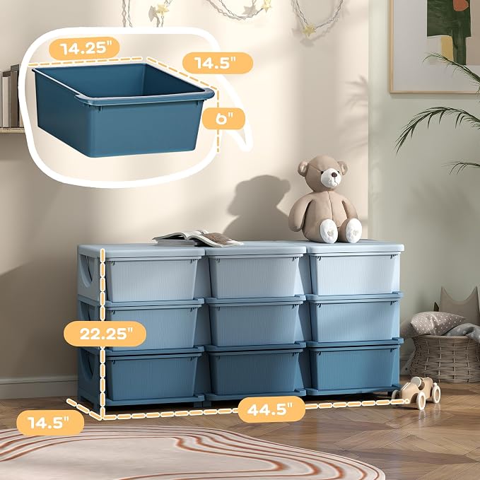 Qaba 3 Tier Kids Storage Unit, 9 Drawer Chest Toy Organizer Plastic Bins - Image 3