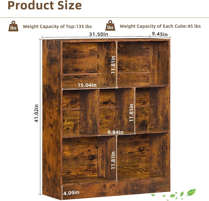 LEYAOYAO 7 Cube Bookshelf with Base, 3 Tier Mid-Century Modern Brown Bookcase - Image 2