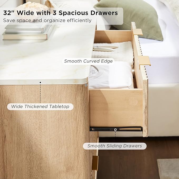 T4TREAM Fluted 3 Drawers Nightstand, Oversized Extra Large Modern Side Table - Image 5