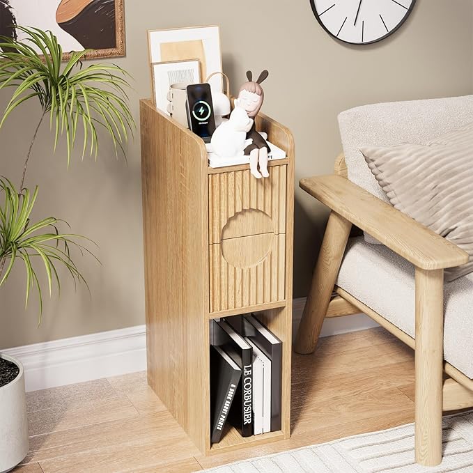 Slim Bedside Table Set of 2, Narrow Nightstand - Image 6