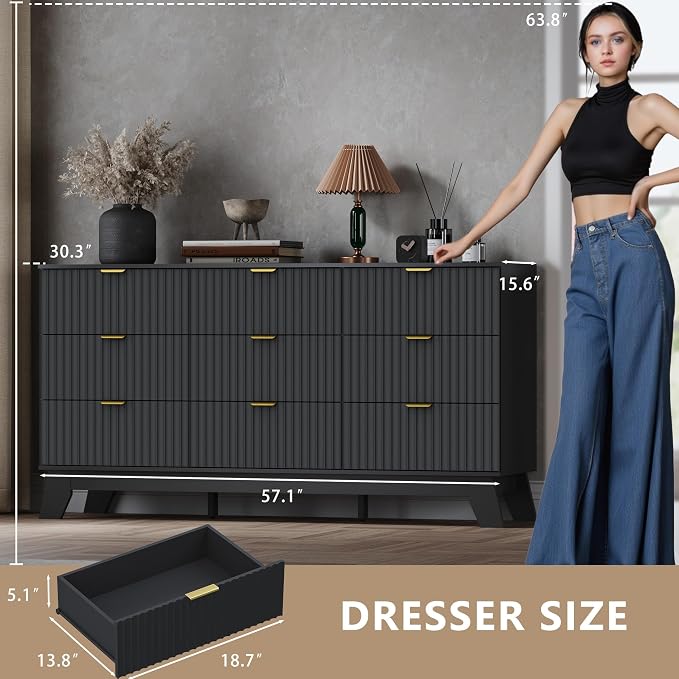 Fluted 9 Drawer Dresser, 57.1" Wide Modern Boho Chest of Drawers, Wooden - Image 2