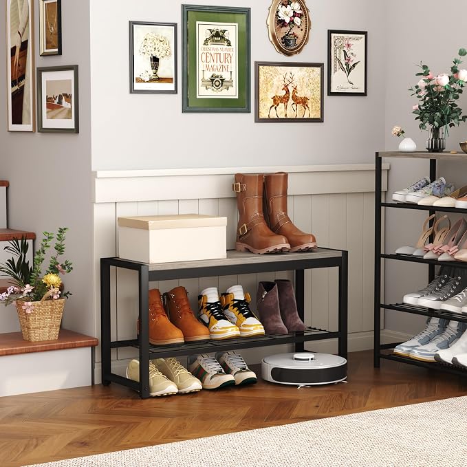 HOMEFORT 2 Tiers Shoe Bench, Retro Industrial Shoe Storage Bench - Image 5