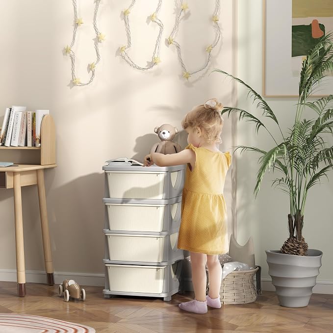 Qaba 4 Tier Kids Storage Unit, 4 Drawer Chest Toy Organizer Plastic Bins - Image 2