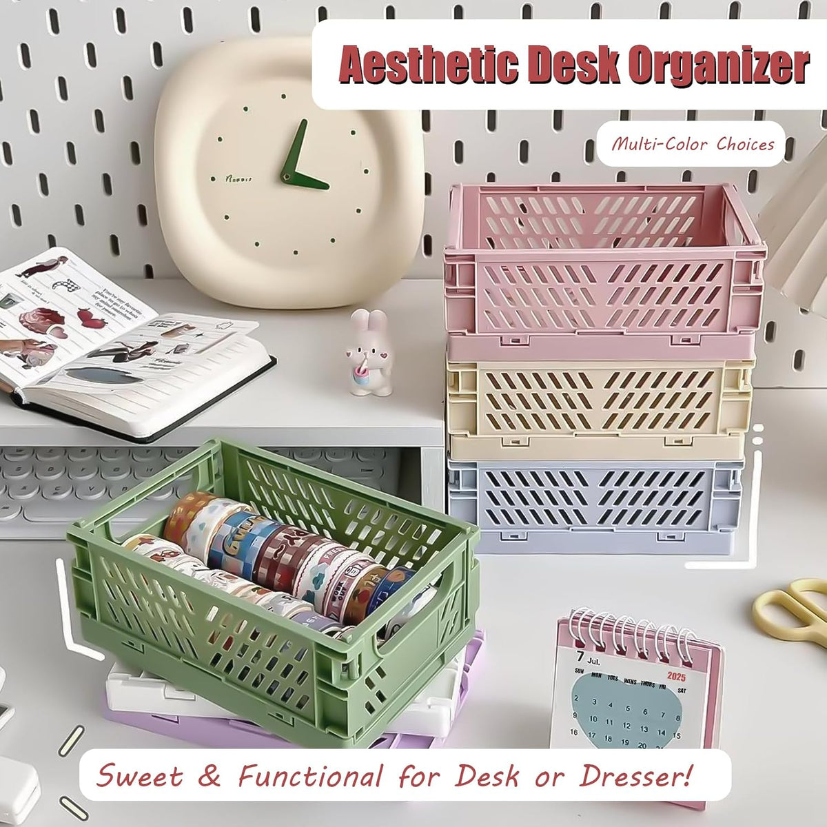 Mini Pastel Plastic Storage Bins 2Pcs Foldable Pastel Crates